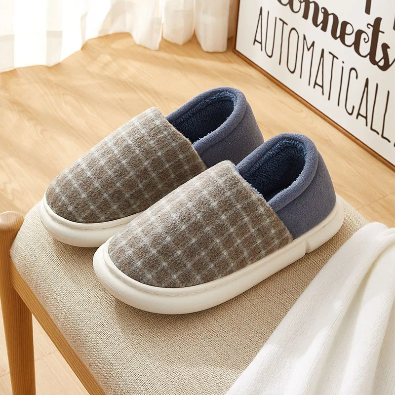 Home Slippers For Women Winter Striped Plaid Couple Cotton Shoes Ladies Casual Plush Slippers Anti-slip Thick Sole Platform Shoe