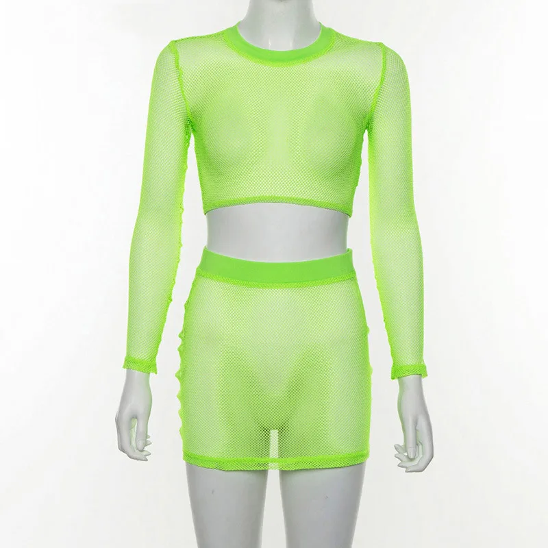 

Women Sexy Long Sleeve Fishnet Suit Perspective See Through Mesh Fish Net Short Top T-Shirt + Skirt Two Piece Set