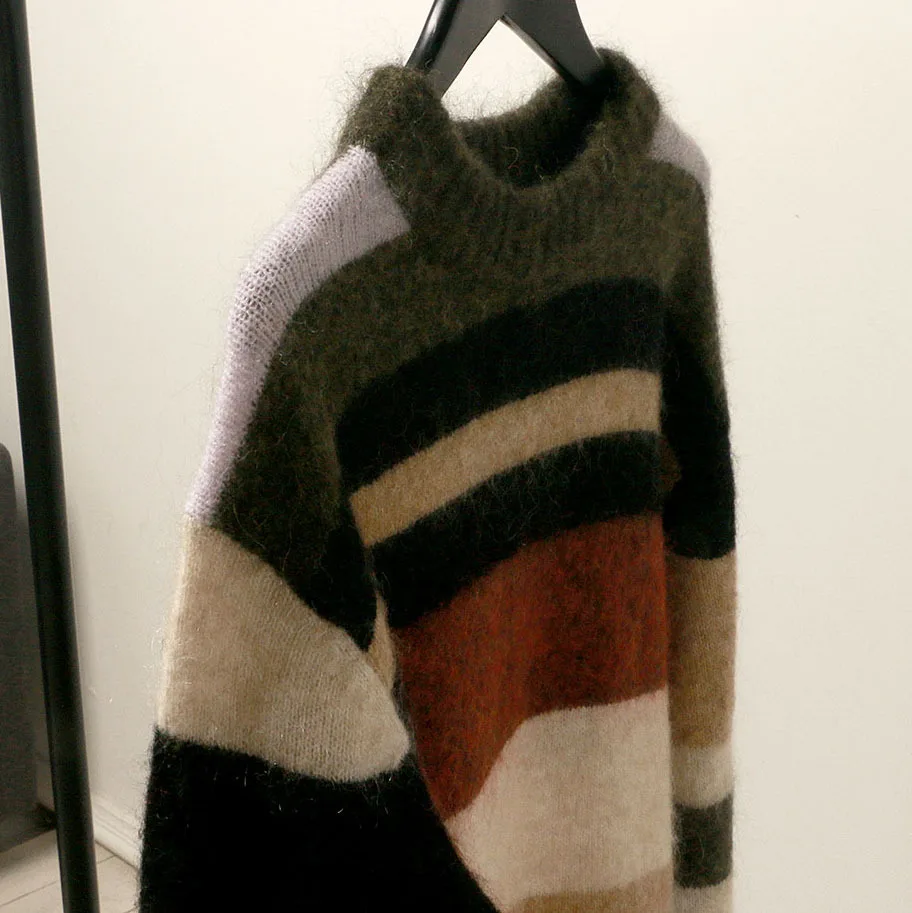Woman Rainbow Striped Mohair Sweater Loose Long sleeve women sweater Round Neck Pullover Crop | Женская одежда
