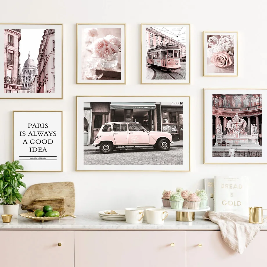 

Paris Tower Tram Car Statue Peony Flower Nordic Posters And Prints Wall Art Canvas Painting Wall Picture For Living Room Decor