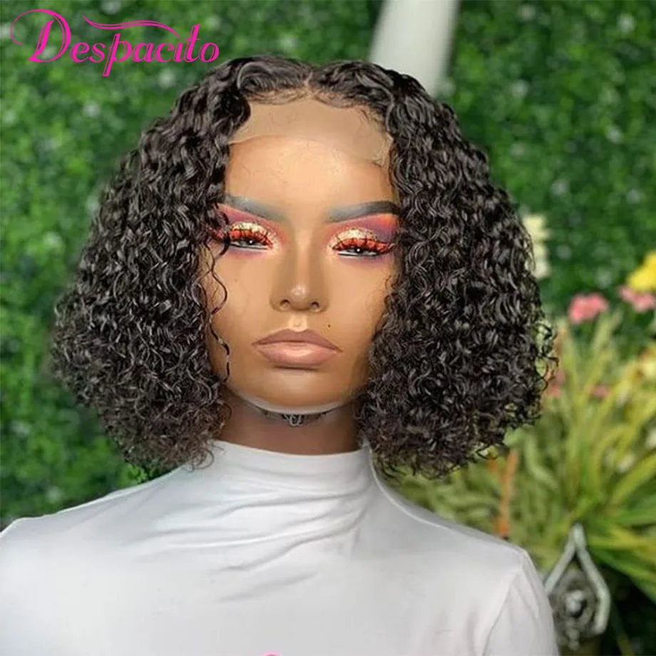 

Short Kinky Curly 5x1 Lace Closure Bob Wigs Peruvian T Part Middle Brown Lace 100% Human Hair Pre Plucked Natural Wigs Despacito