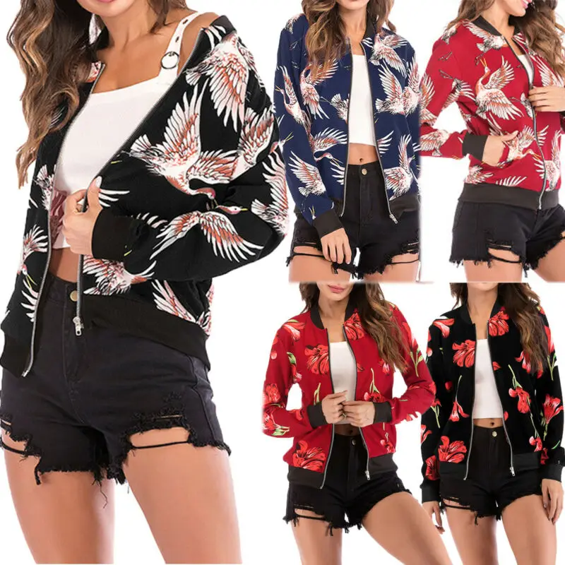 

Oversize Stylish Women Floral Zipper Bomber Jacket Clothes Casual Coat Outwear