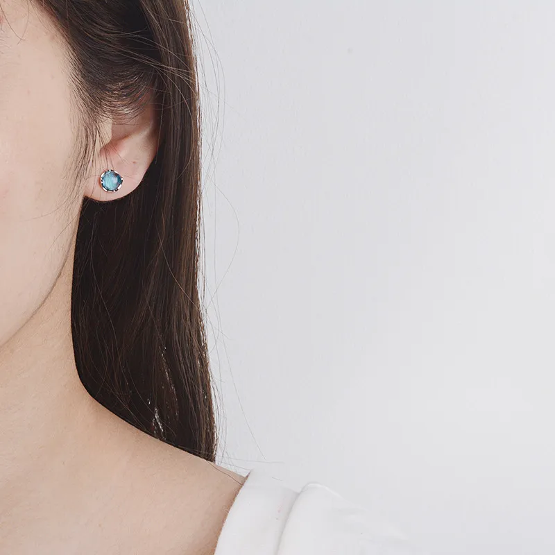 Jellystory Round Blue Crystal Stud Earrings for Women 925 Sterling Silver Fashion Jewellery Wedding Party Gift Wholesale Earring