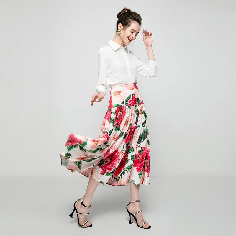 

Runway 2021 Summer New Women'S Two-Piece Bohemian Holiday Party Fashion Casual White Shirt + Elegant Gorgeous Print Long Skirt