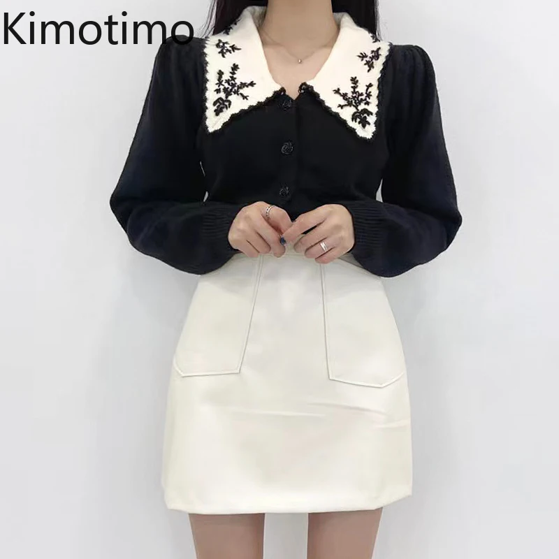 

Kimotimo Women Two Piece Sets Korean Chic Autumn Retro Embroidery Knitted Cardigan + High Waist PU Leather A-Line Mini Skirt