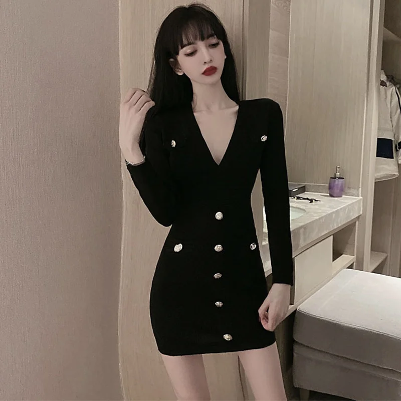 

CMAZ Dress For WomenGegejia Autumn Internet Famous Sexy V-neck Push-up Knitted Single-Breasted Long Sleeve Short Skirt Slim-Fit