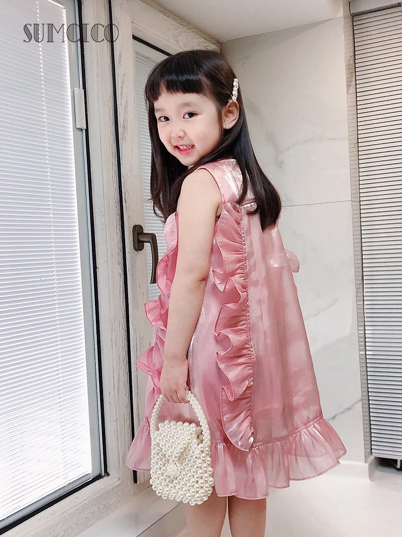 Sumcico 2020SS новейшее платье из органзы для девочек милое стильное розовое с оборками