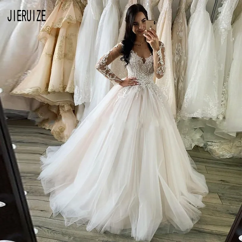 

Женское свадебное платье JIERUIZE, прозрачное пляжное пышное платье невесты с длинным рукавом и V-образным вырезом, с аппликацией, кружевная спи...
