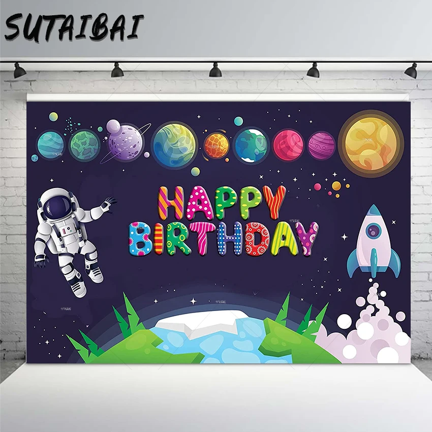 

Happy Birthday Background Cartoon Planet Astronaut Boys Space Theme Photography Backdrop Kids Photo Background Party Decoration