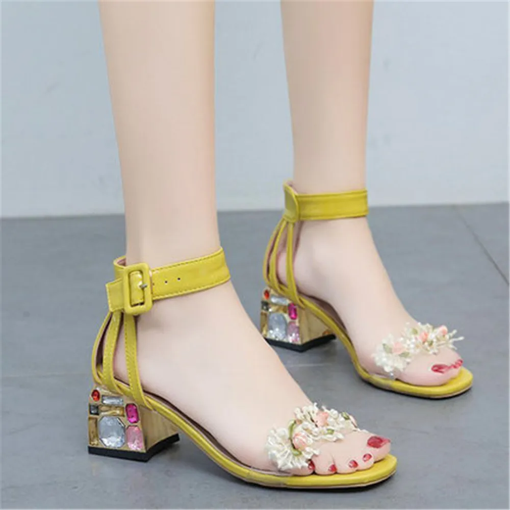 

Summer 2021 Sexy Open Toe Crystal Heels Sandals Women Flower Ankle Buckle Chunky Heels Sandals Female Fashion Party Shoes Yellow