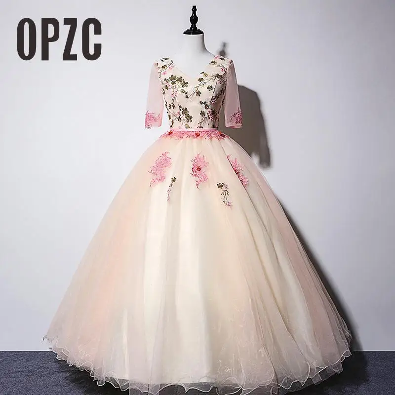 

Real photo Quinceanera Dress V-Neck Half Sleeve Appliques Beading Vestidos De Gala Largos Prom Dress Puffy Masquerade Ball Gowns