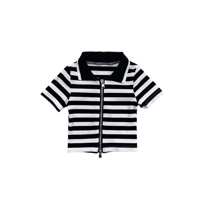 

Girls knitted striped sweater 2021 summer new girl collar double zipper T-shirt short-sleeved cardigan