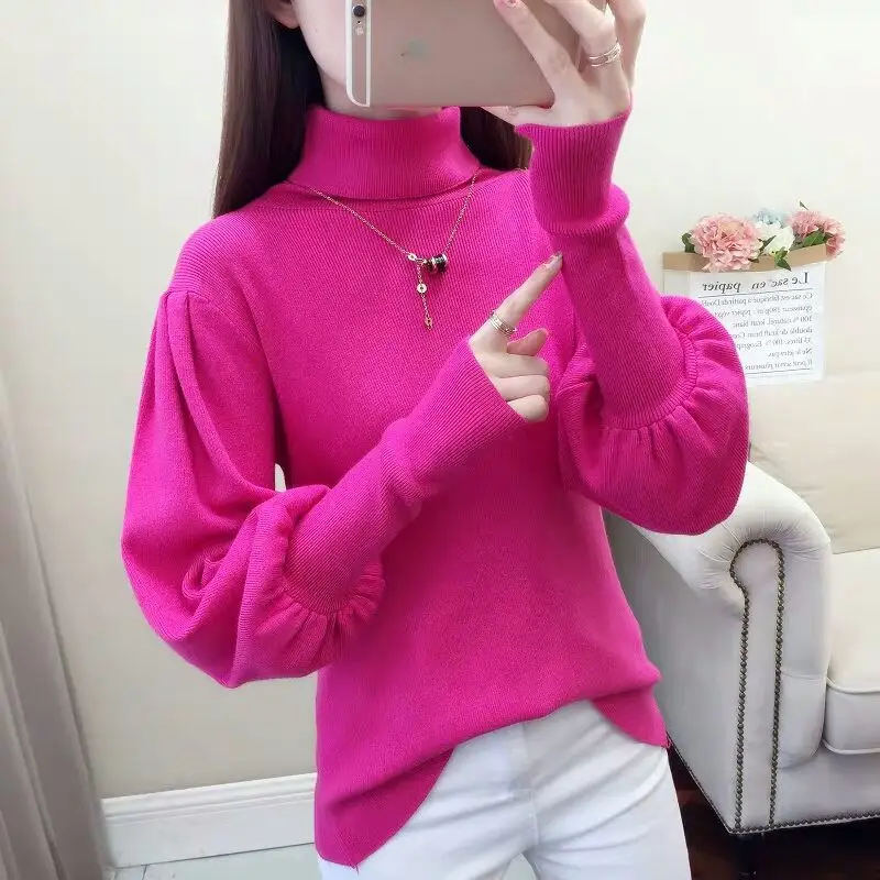 

(high quality core spun yarn) turtleneck sweater women's autumn and winter new Lantern Sleeve knitted top fashion loose bottomed