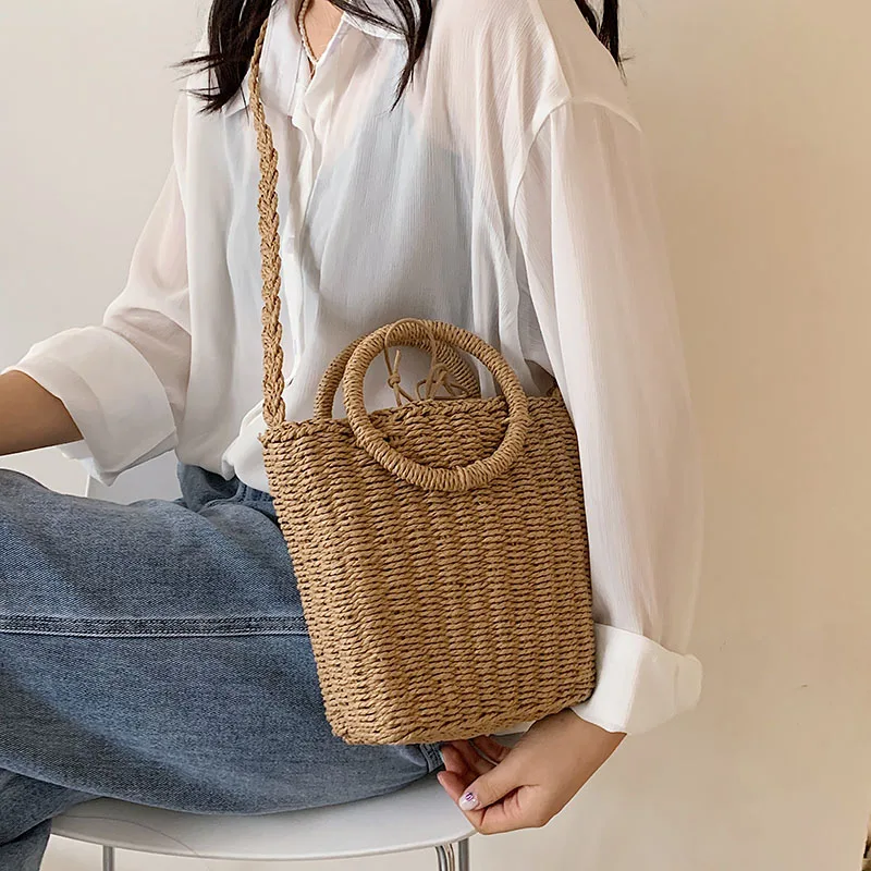 

Round Handle Design Straw Crossbody Bag For Women 2021 Branded Simple Trendy Luxury Summer Solid Color Handbags Female Travel