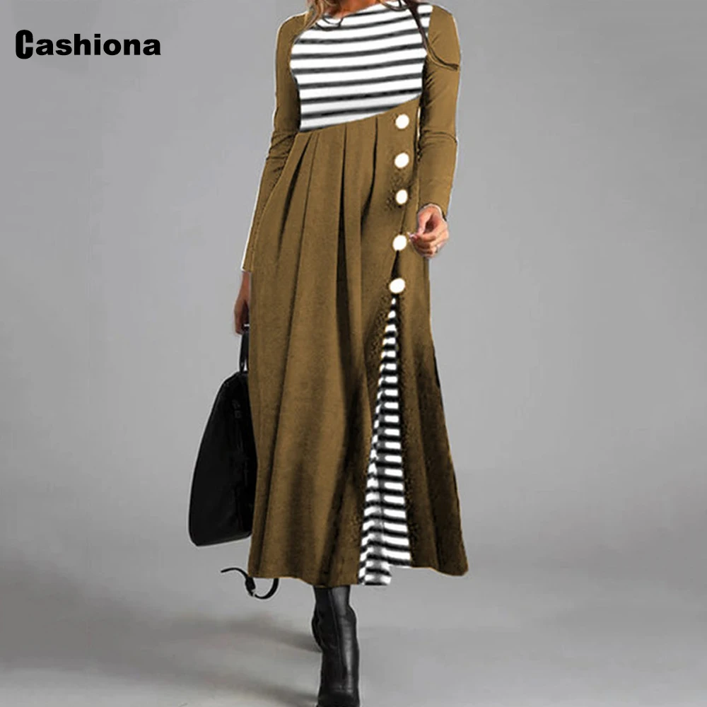 

2021 Spring Autumn Women Long Maxi Dress New Patchwork Buttons Round Neck Striped Dress Casual A-line Dresses Robe Femme 3xl