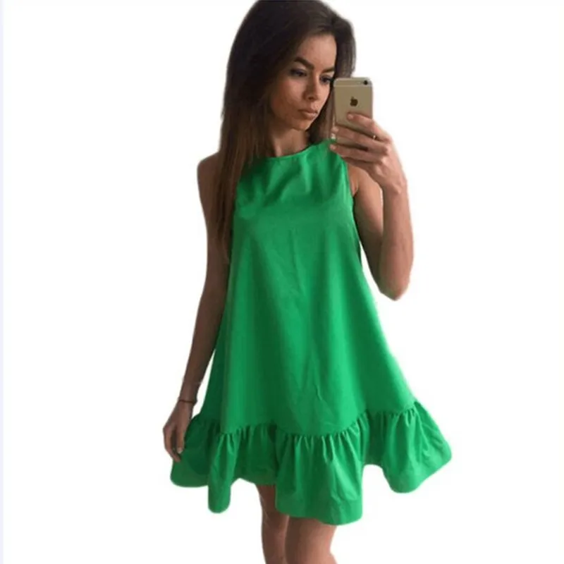 

Loose Casual Solid Color Ruffles Sweet Cute Mini Dress 2019 New Summer Fashion Sleeveless O-Neck A-Line Women Dress Vestidos