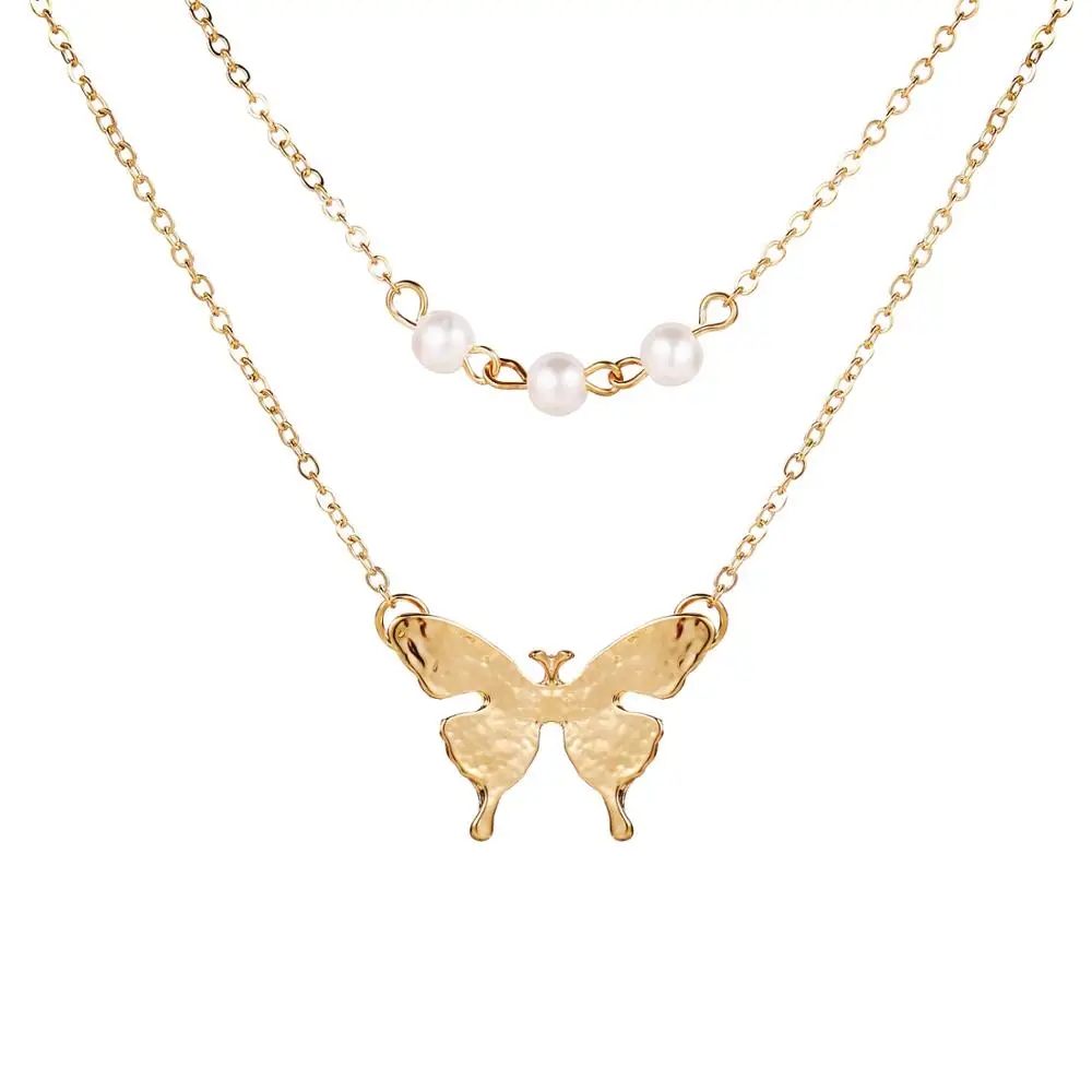 

Todorova Korean New Arrive Cute Butterfly Choker Necklace For Women Double Layer Pearl Short Collares Jewelry Kolye