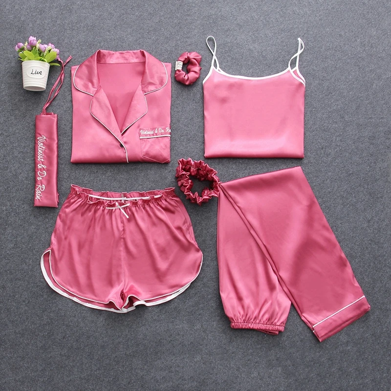 Women Silk 7 Piece Satin Pajama Set Lounge Wear Pajamas Sexy Sleepwear Pyjamas Silk For Women Summer Pcs Pijamas New