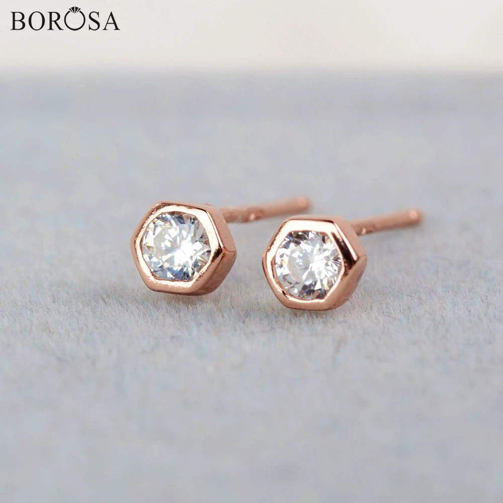 Серьги гвоздики BOROSA 4 мм с шестигранной 92.5% серебристого цвета серьги из розового
