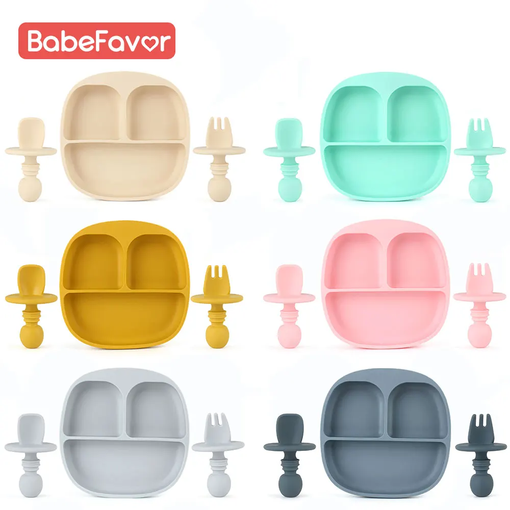 

Silicone Plates Spoon Fork Feeding Set Tableware Food Grade Kitchenware Children Dishes Baby Silicon Sucker Compartment Plate