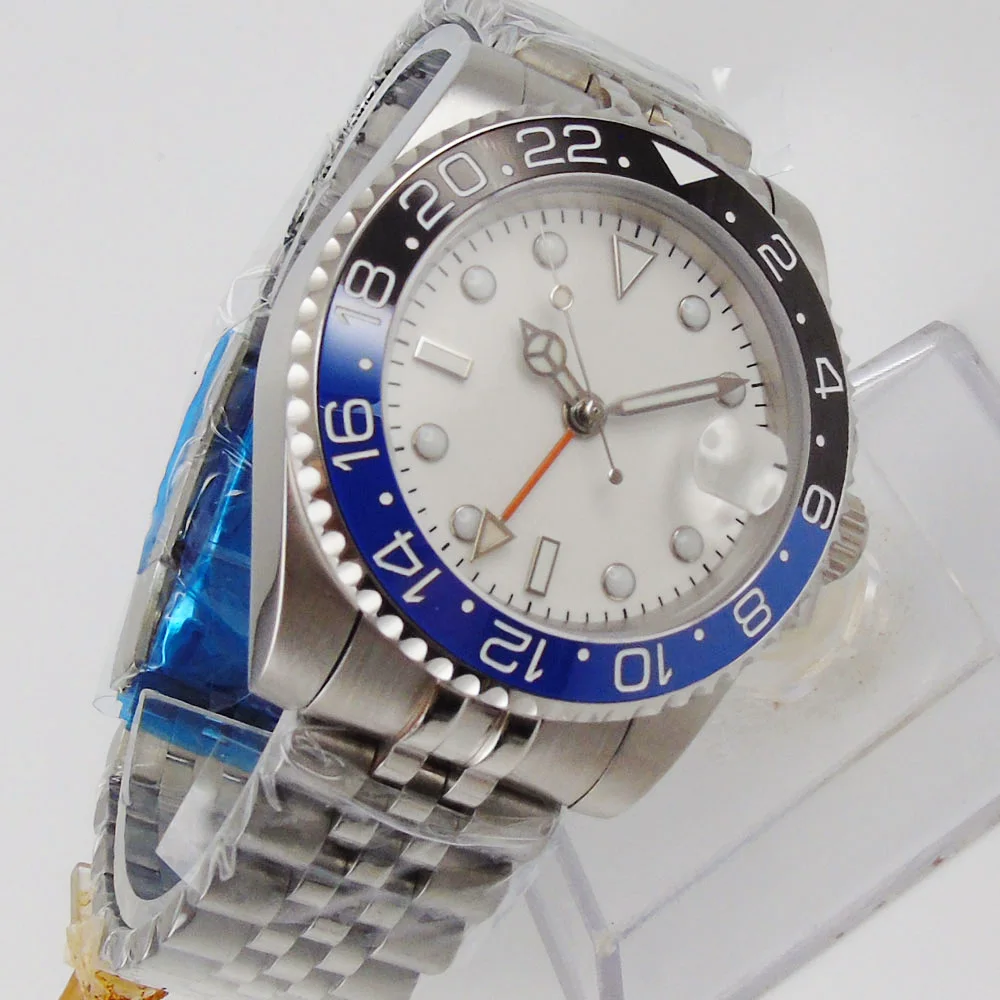 Мужские часы 40 мм с стерильным циферблатом и сапфировым стеклом черным синим