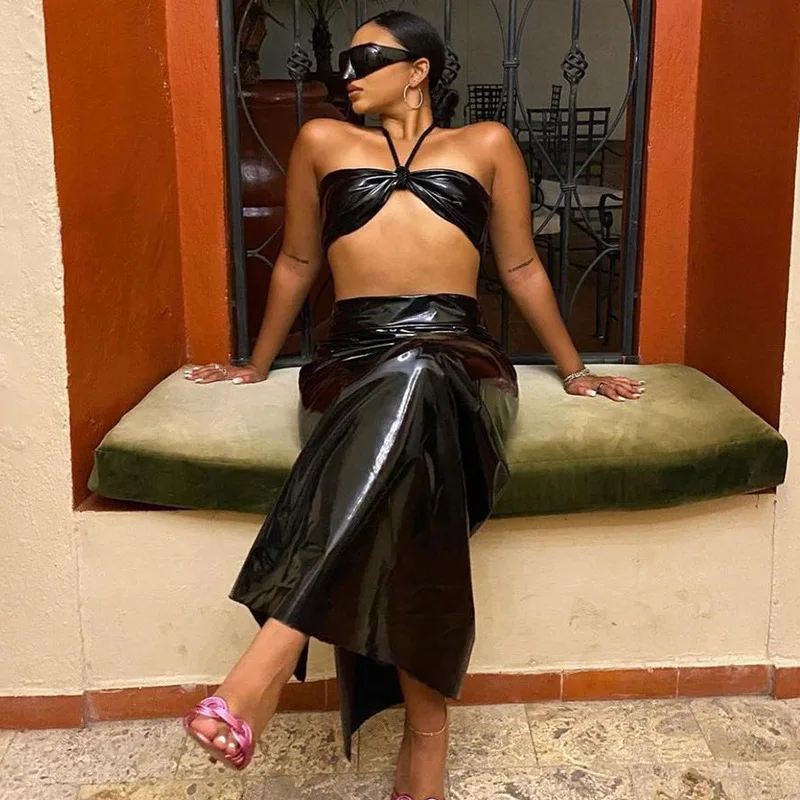 

Sexy Black PU Leather Two Piece Set Maxi Skirts and Bralette Halter Crop Top Rave Club Outfits for Women Dress Sets