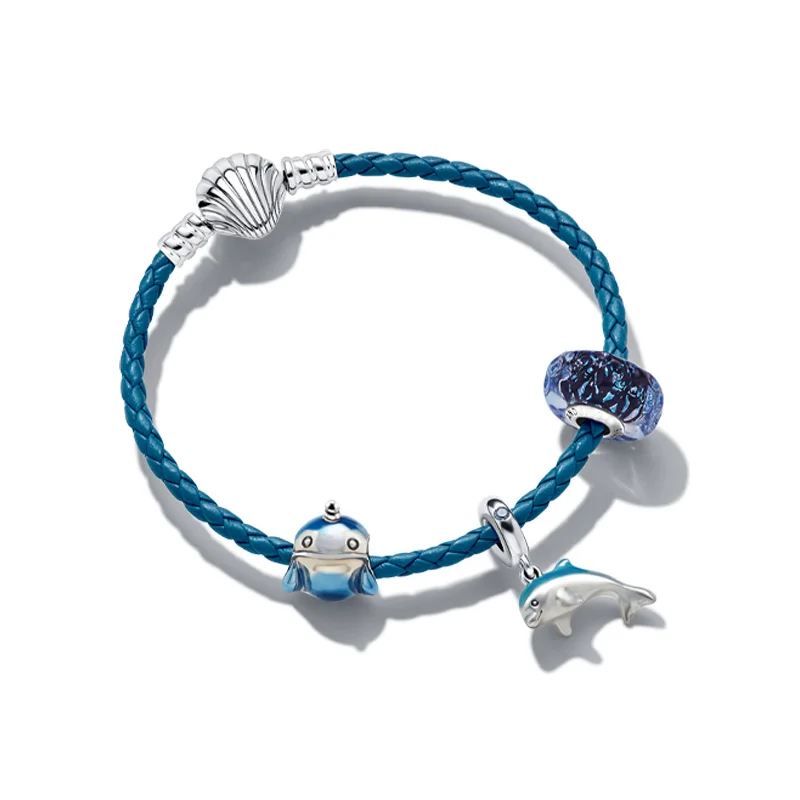 

Shell Buckle 100% 925 Silver Hand Bracelet PAN Dream Blue Ocean Series Leather Braided Chain For Women Fine Jewelry Making DIY