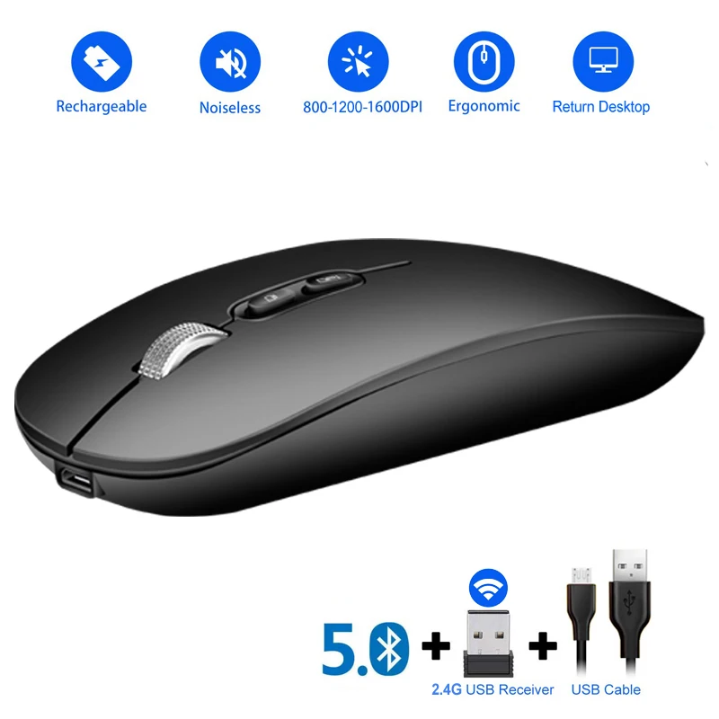 Элегантная перезаряжаемая Bluetooth 5,0 Беспроводная Бесшумная оптическая мышь с двойным режимом 2,4G Бесшумная эргономичная мышь для ноутбука