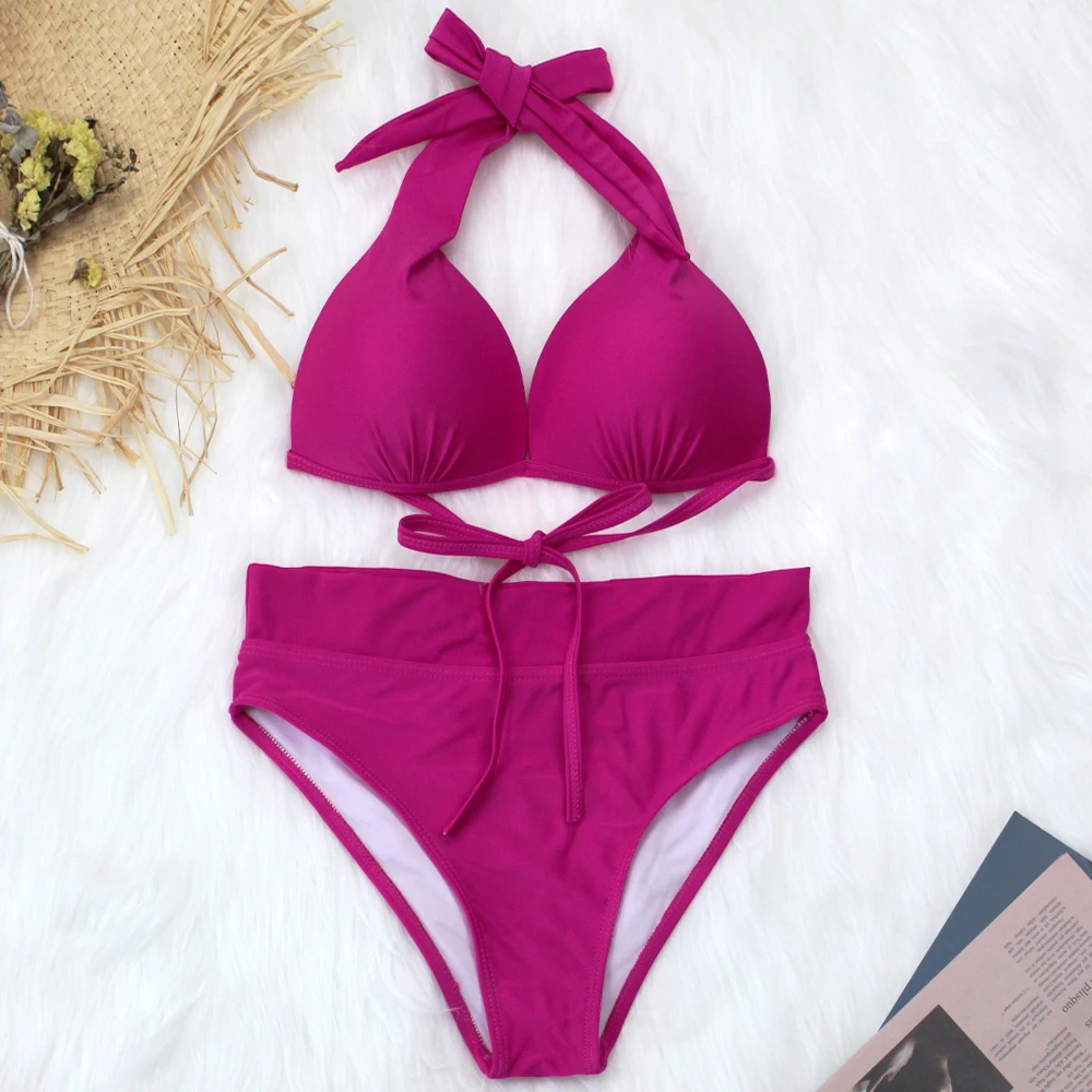 Сексуальный розовый бикини купальник с лямкой на шее Женский комплект из двух