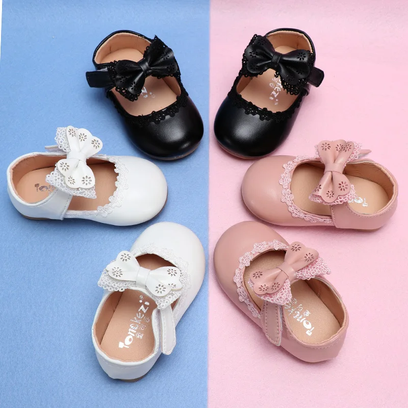 Демисезонная обувь для маленьких девочек, милая кожаная обувь принцессы с бантом-бабочкой и кружевом, детская танцевальная обувь карамельн...