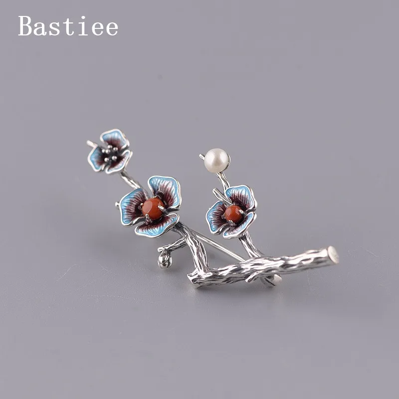 Bastiee flower branch emerald brooch pearl agate brooches for women silver 925 jewelry hmong handmade luxury gifts