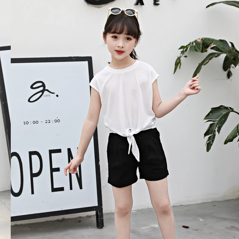 

Fanan 2021 новая детская одежда костюм для девочек летняя одежда для больших детей однотонный топ + шорты для женщин