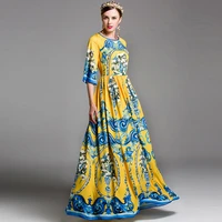 maxi dress woman s l spring new fashion printed round neck slim waist flare sleeves big swing long dress elegant yellow