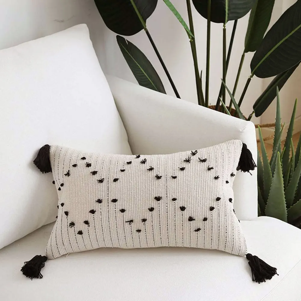 

Tufted Throw Pillow Case Soft Breathable Cotton Pillow Cover With Tassel Black White Geometric Pattern For Bedroom Sofa Balcony