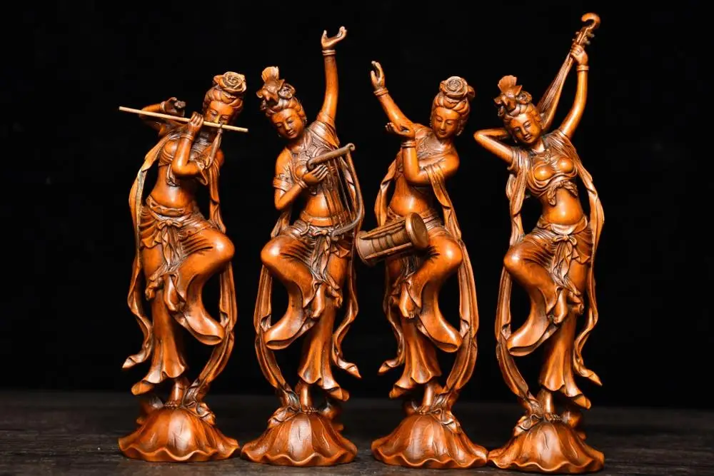 

7"Tibetan Temple Collectio Boxwood Four beautiful statues Xi Shi, Wang Zhaojun, Diao Chan, Yang Yuhuan statues Four beauties set