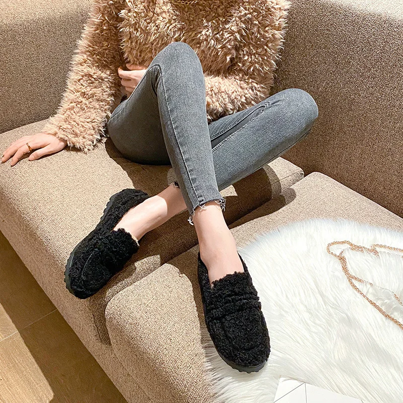 Hot Women Thicken Soled Shearling Loafers One Band Lambswool Moccasins Femme Plus Size 34-43 Fur Flats Woman Winter Plush Shoes