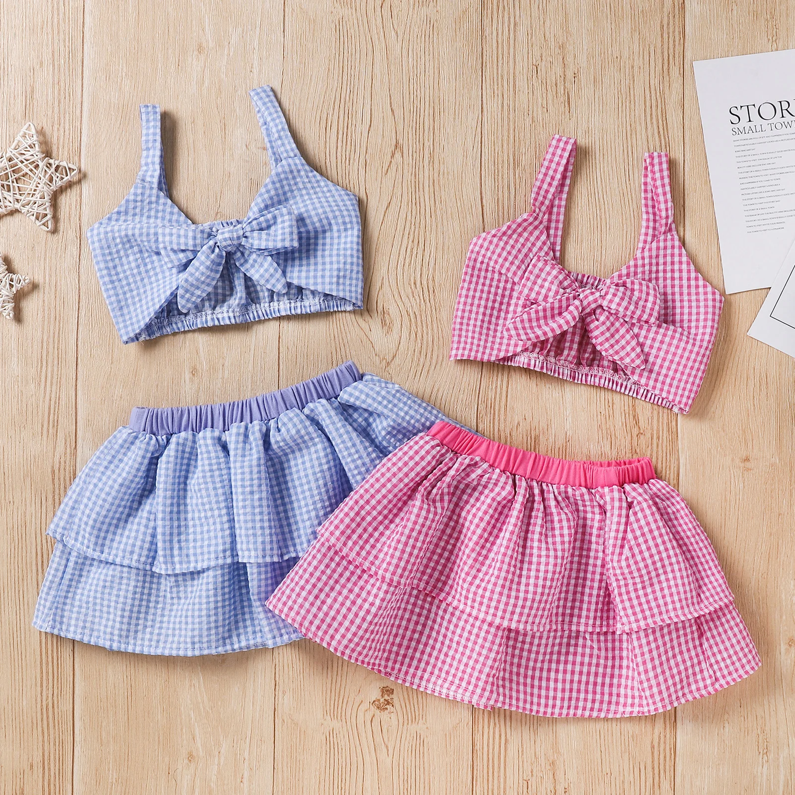 

Children's Sets 2 Pieces Kids Suit Set Girls Plaid V-Neck Sleeveless Crop Tops+ Short Skirt Summer 6 Months-3 Years