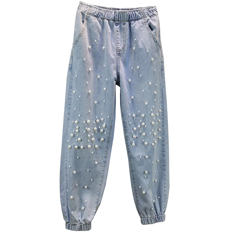 

thin beaded women jeans summer new high waist pocket harem wide leg ankle length female jeans top quality