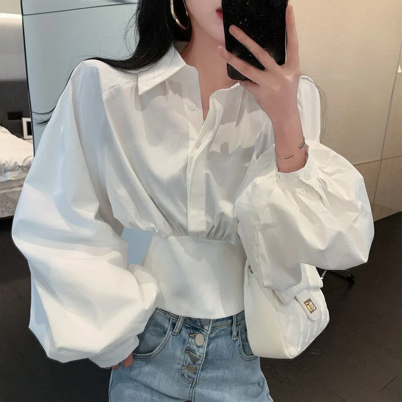 

Lucyever 2021 Autumn Women's White Shirt Korean Fashion Slim Waist Turndown Collar Blouses Female Oversize Lantern Sleeve Blouse