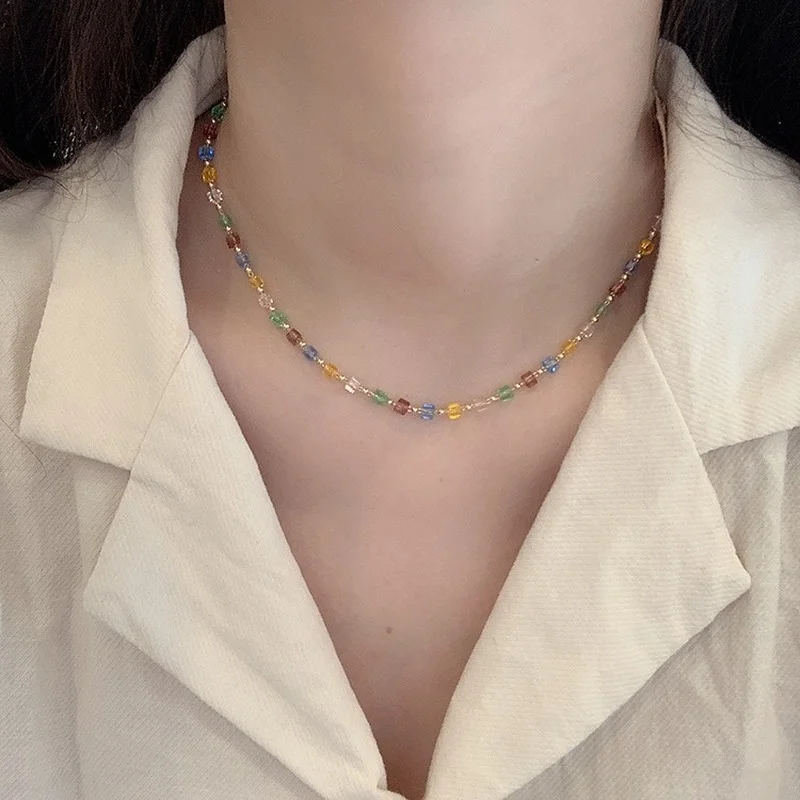 

2021 Korean Fashion Necklace Hand-made Beaded Multicolor Crystal Classic Choker Necklace for Women Jewelry collares para mujer