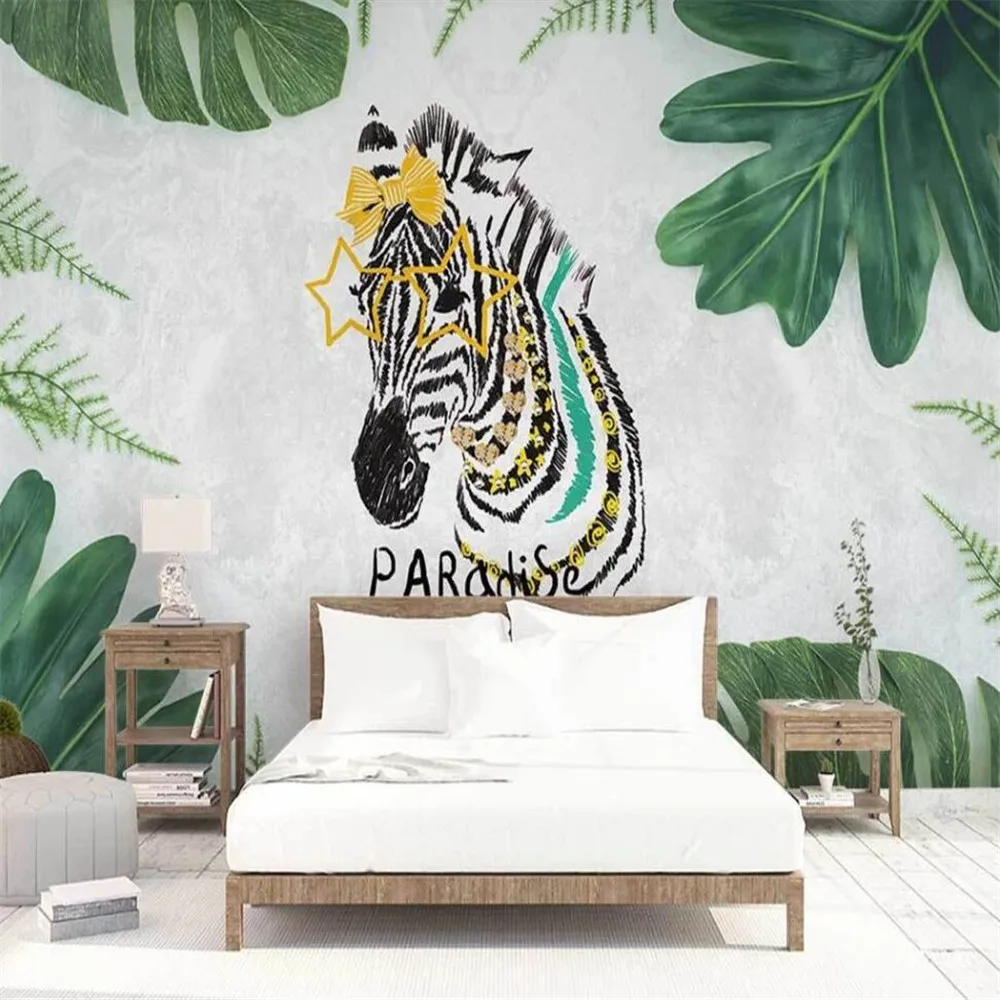 

Milofi custom 3D wallpaper mural zebra green leaf Nordic background wall living room bedroom decoration painting wallpaper