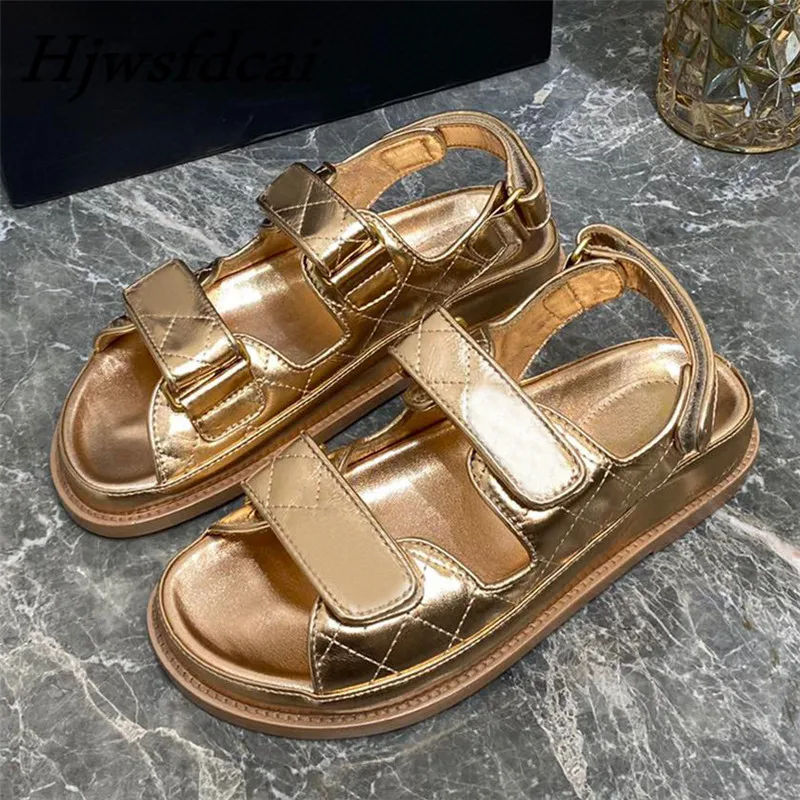 

Hjwsfdcai Luxury Quality Flat Sandals Real Leather Women Thick bottom Sandals Female Casual Beach Shoes Women's Sandals Summer