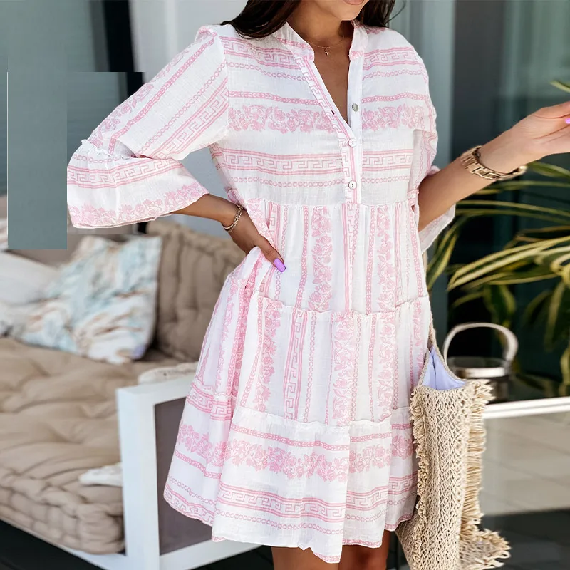

Women Summer Printed Flare Sleeve V Neck Mini Dress Fashion Casual Button V Neck A Line Loose Beach Holiday Dresses