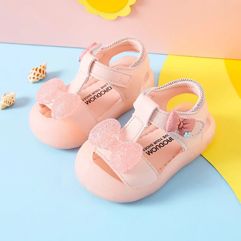 

12-14cm Brand Baby Cute Bowtie Sandals,Pink Beige Closed Toe Infant Summer First Walkers,Pu Leather Toddler Princess Dress Shoes
