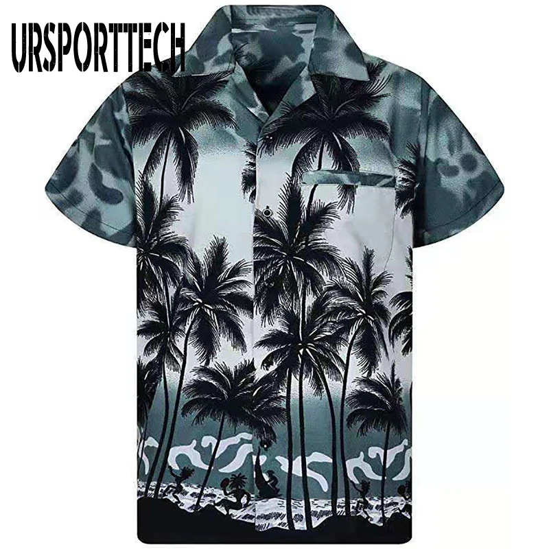 URSPORTTECH 2021 Summer Men Shirt Short Sleeve Cotton Loose Casual 3D Print Vacation Beach Tops Blouse Plus Size Shirt Men Big