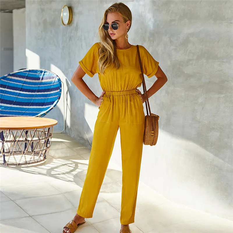 

Spring New Short Sleeve Jumpsuits Women O Neck Solid Color Summer Slim Jumpsuits For Women 2021 Casual