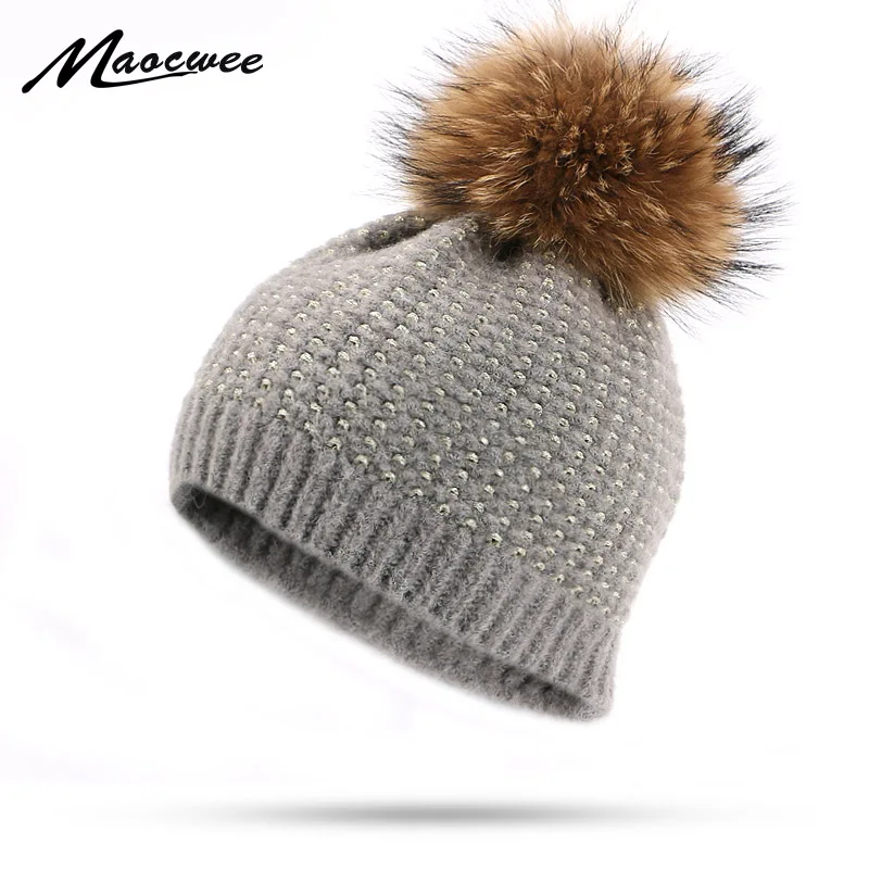 

New Women Real Fur Pom Pom Hat Female Autumn Winter Wool Knitted Golden thread Skullies Beanies Girl Cap Natural Fur Pompom Hat