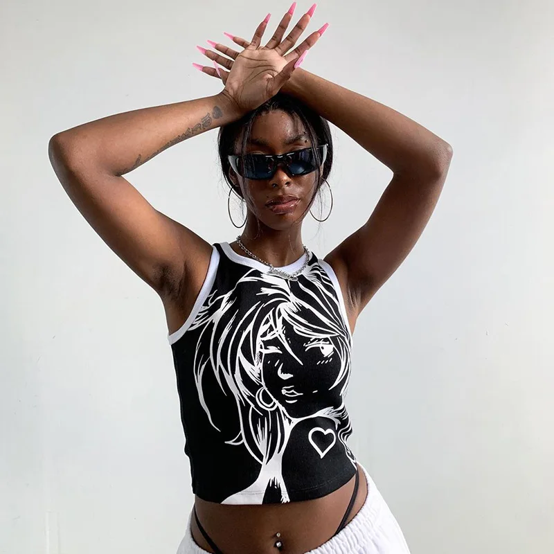 

Y2K Anime Crop Top Women Kawaii Sleeveless Casual Top Women Summer Printing O-Neck Tank Sexy Cartoons Vest Tee 2021New