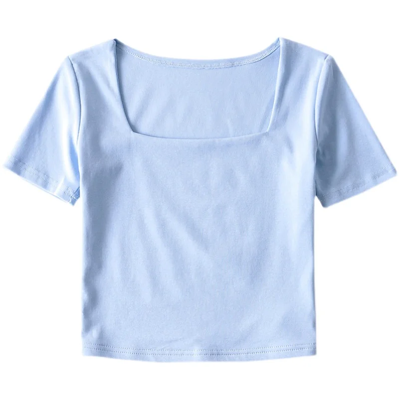 

French Style Retro Square Collar off-Shoulder Solid Color Short-Sleeved T-shirt Summer New Women's High Waist Short