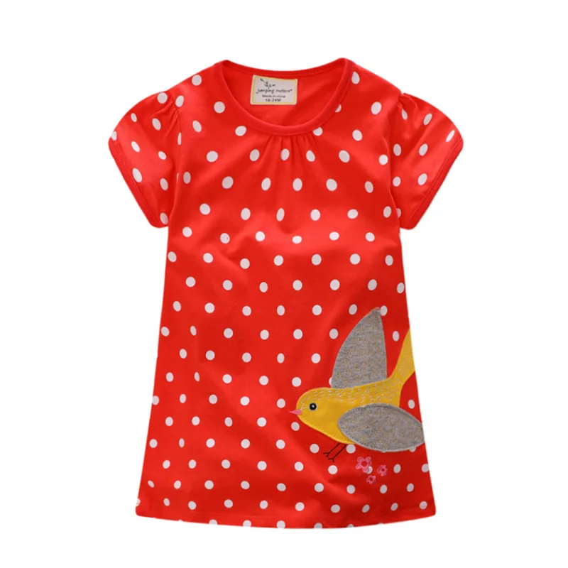 

2-6 Years Girl's Dress Embroideried with Bird Red with White Dots Dress Girl Kids Summer Outfit Princess Party Dress